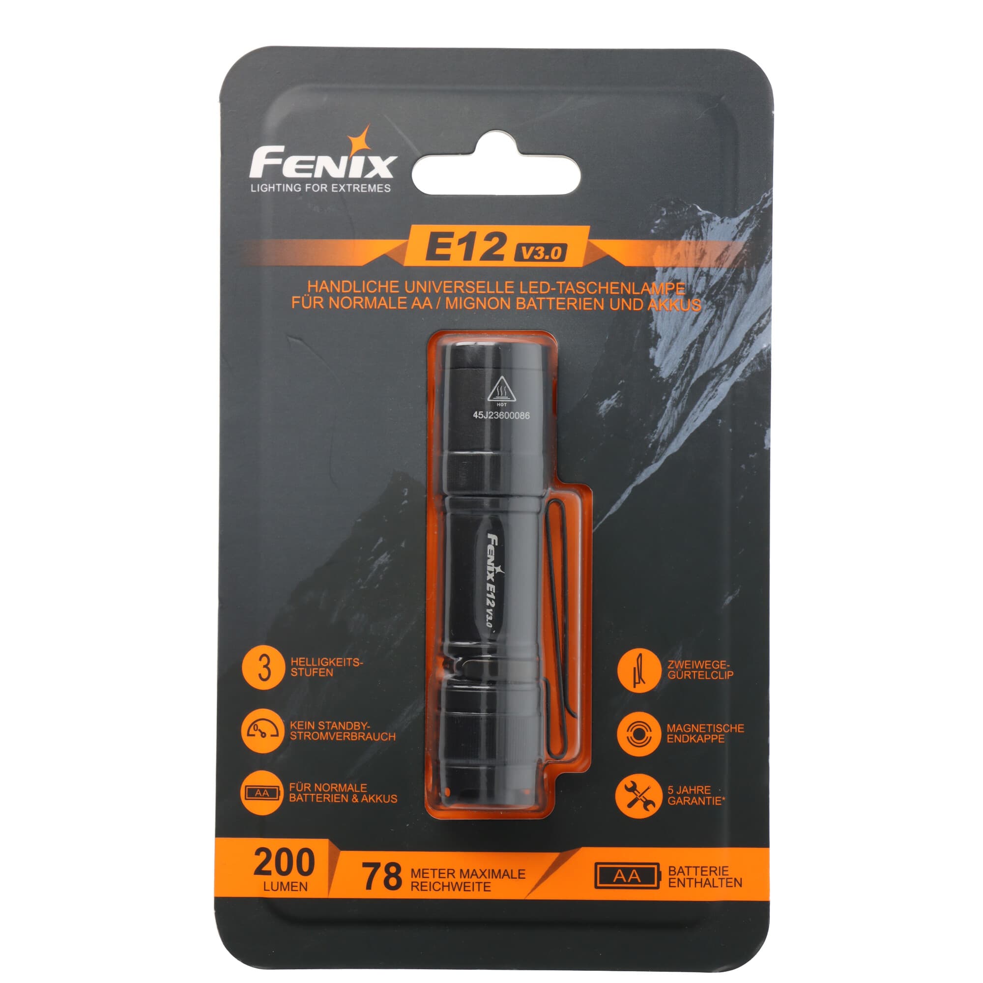 Lampe de poche LED Fenix E12 V3.0, max. 200 lumens, opération à une main, ultra-compacte et légère, fonctionnant sur batterie