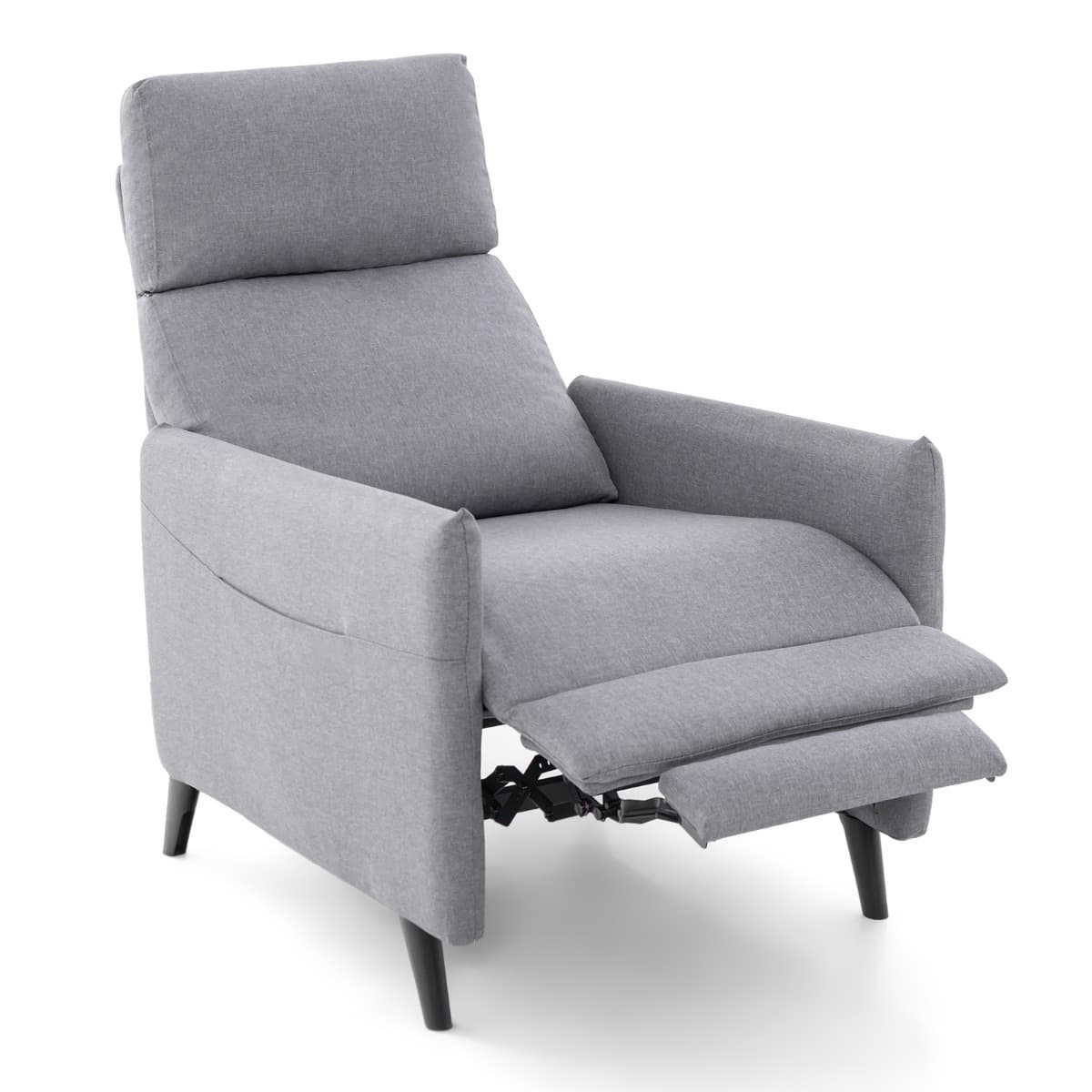CostwayFauteuil Inclinable à Dossier Inclinable en Tissu de Lin Dossier et Repose-pieds Réglables Siège Rembourré 2 Poches pour Magazines Gris Clair